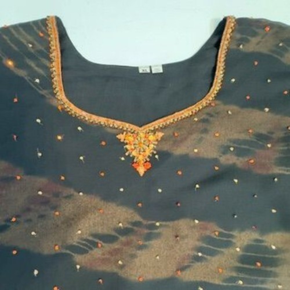 Vtg Beaded Sequined Sheer‎ Tunic Top XL Black Split Tie Sleeves Dark Whimsygoth - Picture 3 of 15
